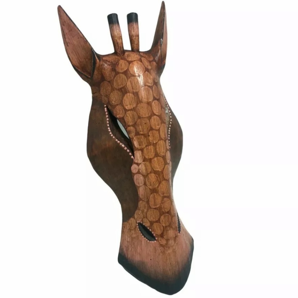 African Safari Hand Carved Brown Giraffe Wooden Mask Wall Hanging Sculpture 12”